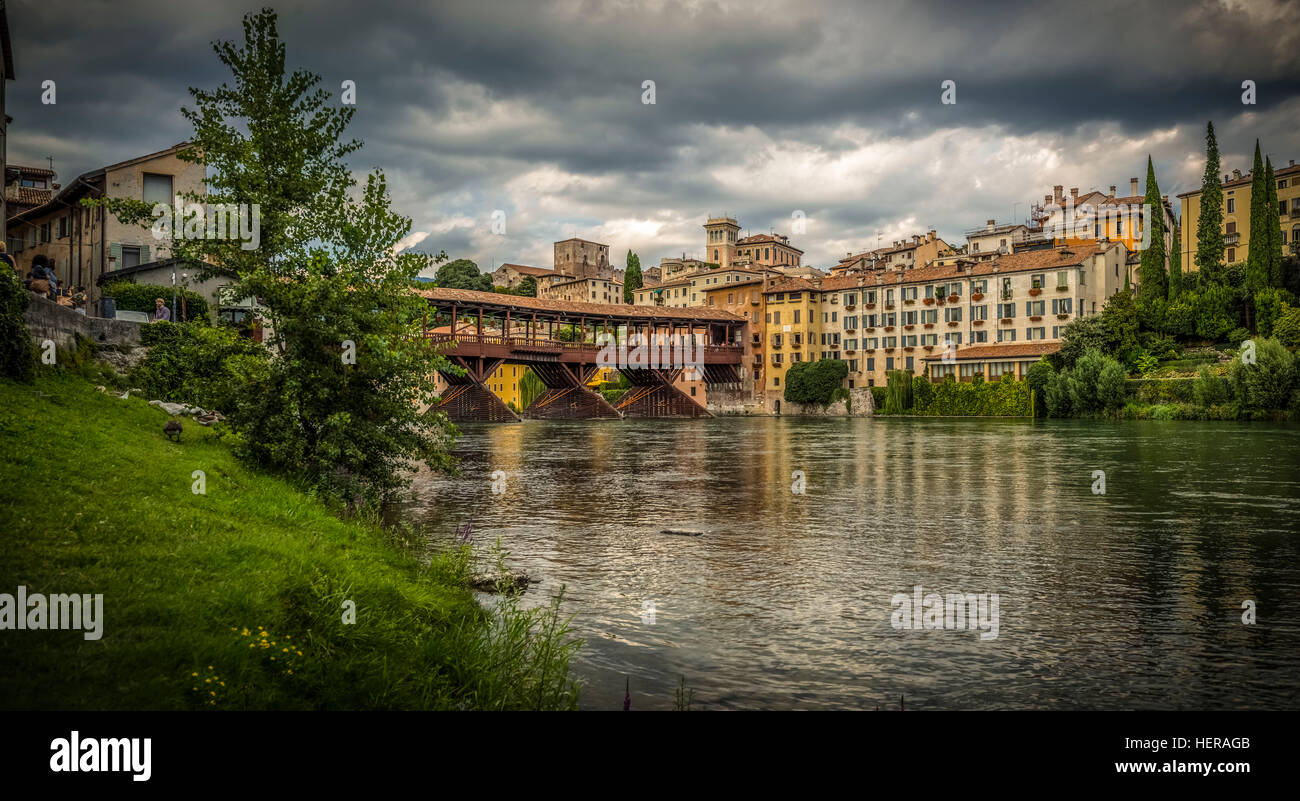 Italy, South Tirol, Veneto, Bassano del Grappa, Brenta, roofed wooden bridge, Ponte degli Alpini Stock Photo