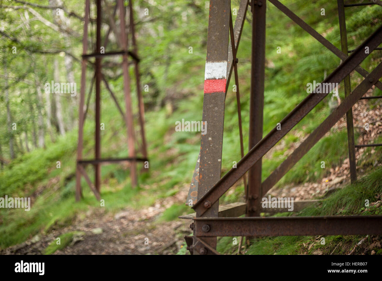 Wald, Eisenkonstruktion, Markierung, rot-weiÃŸ, Gr10, Frankreich, PyrenÃ¤en, Signal, Weg, Stock Photo