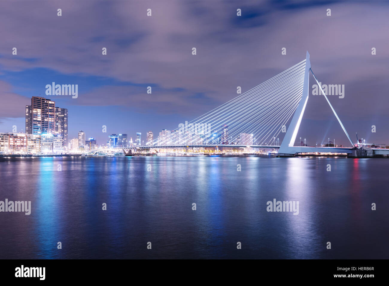 Erasmusbrücke am Abend in Rotterdam Stock Photo