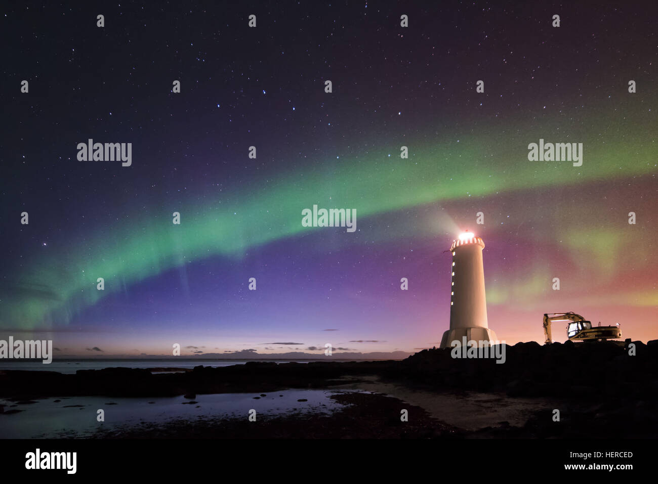 Polarlicht, Akranes, Leuchtturm, Island, Stimmung, Leuchten, Meer, Sterne Stock Photo