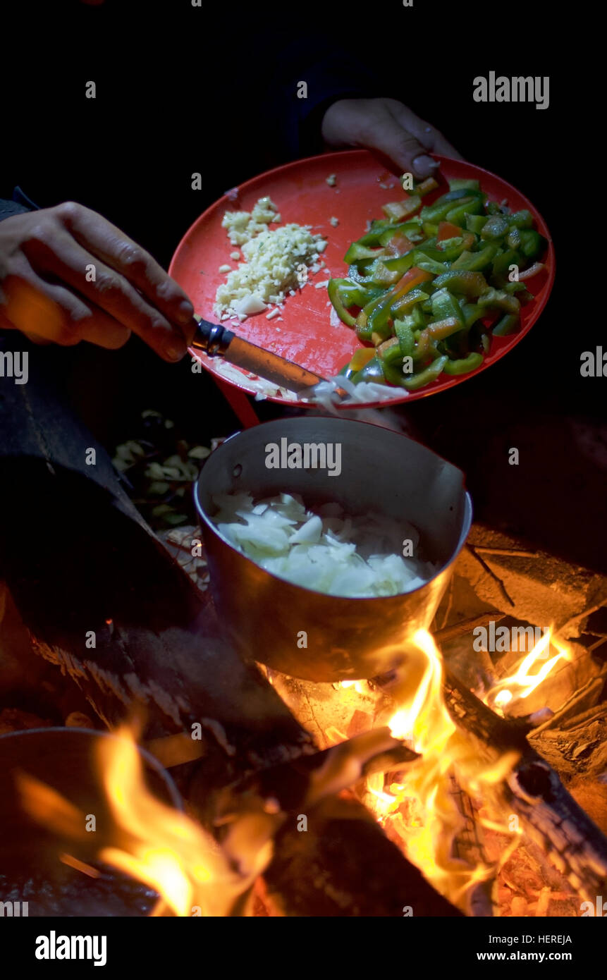 Cooking on a camp fire Stock Photo