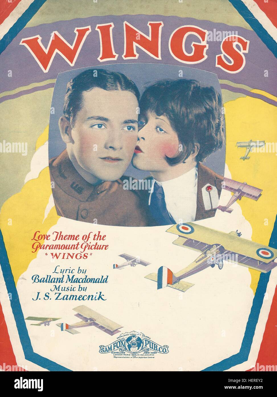 'Wings' 1927 Buddy Rogers Clara Bow Movie Sheet Music Cover Stock Photo