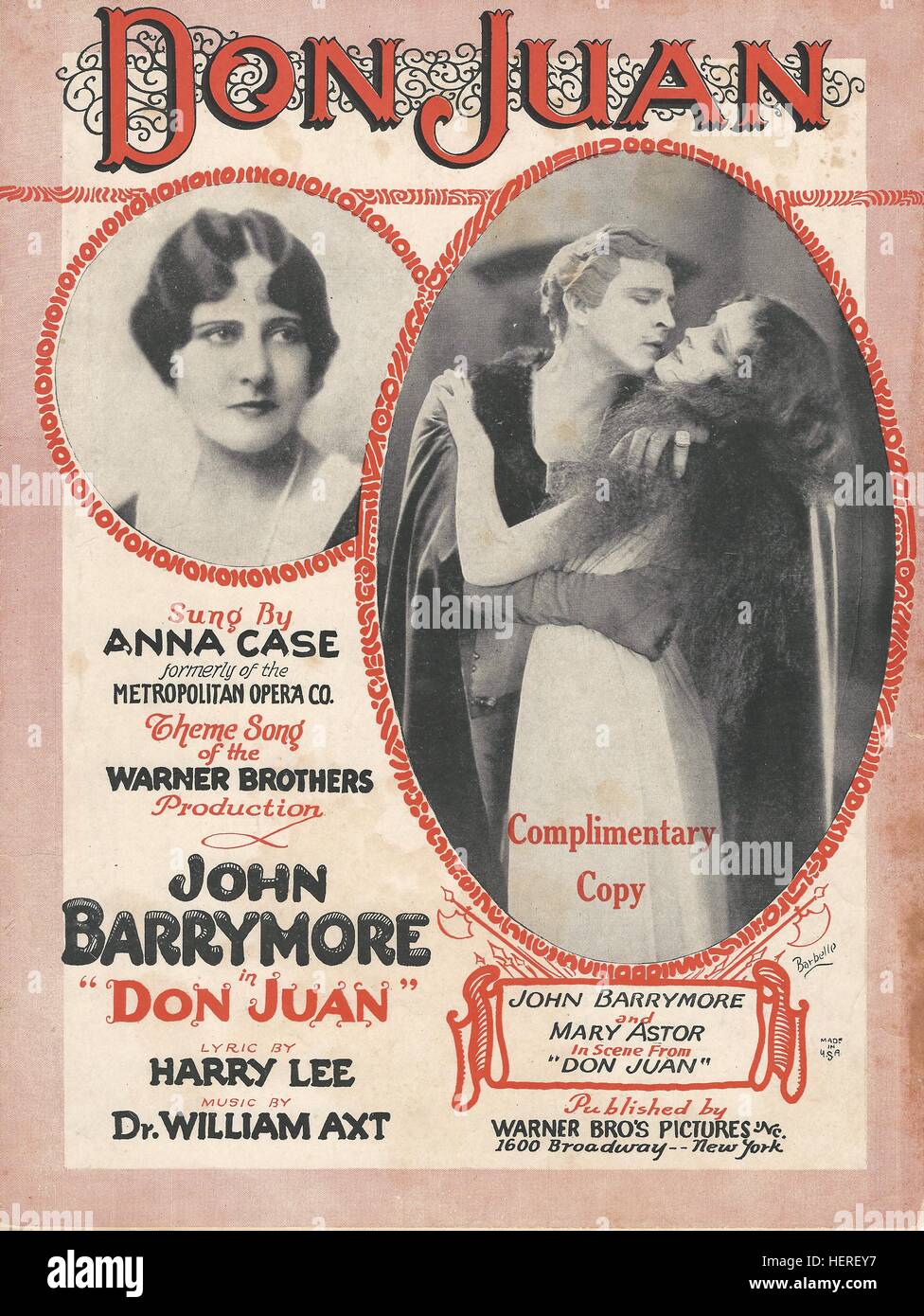 'Don Juan' 1926 John Barrymore Mary Astor Movie Sheet Music Cover Stock Photo