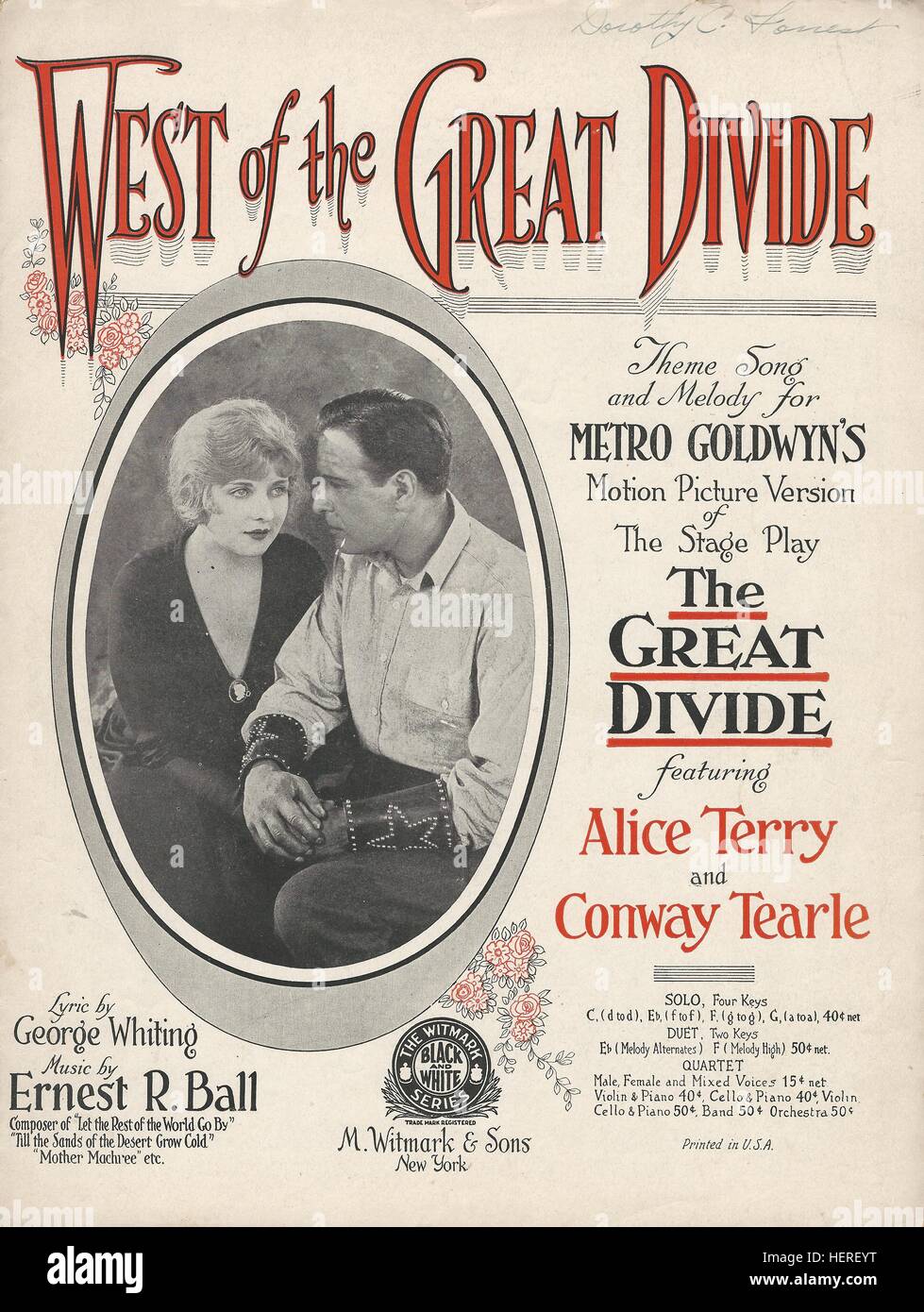 'West of the Great Divide' from 1924 Movie 'The Great Divide' Sheet Music Cover Stock Photo