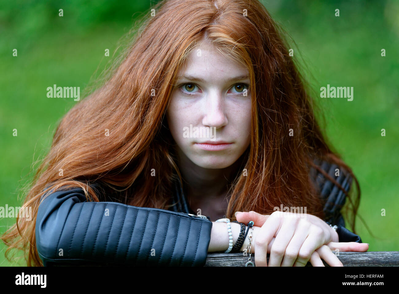 Female teenager, thoughtful disposition, portrait, Upper Bavaria, Bavaria, Germany Stock Photo