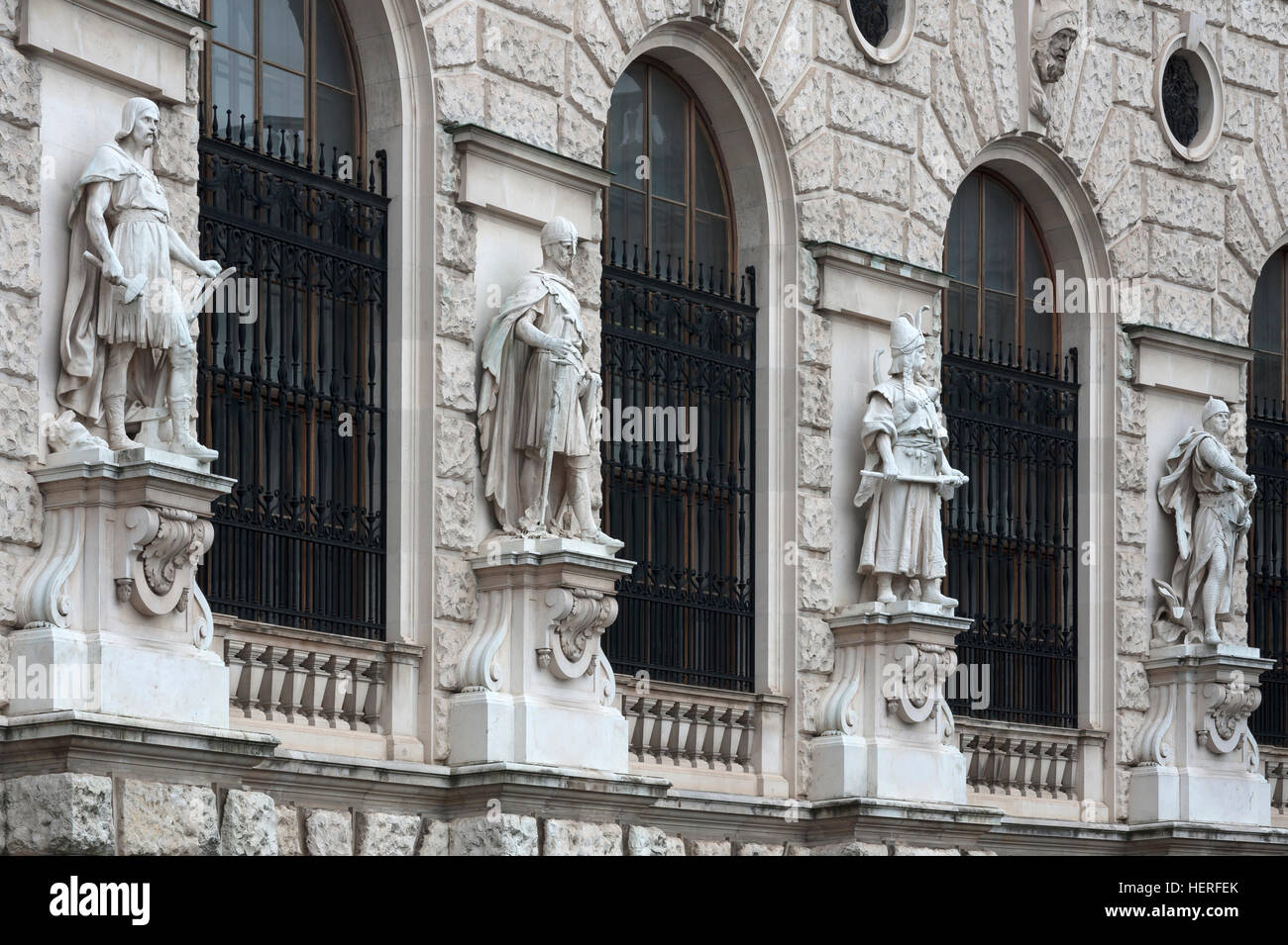 Statues from left: Slav, Franconian Count, Hungarian, Crusader, Neue Burg, Hofburg Palace, Vienna, Austria Stock Photo