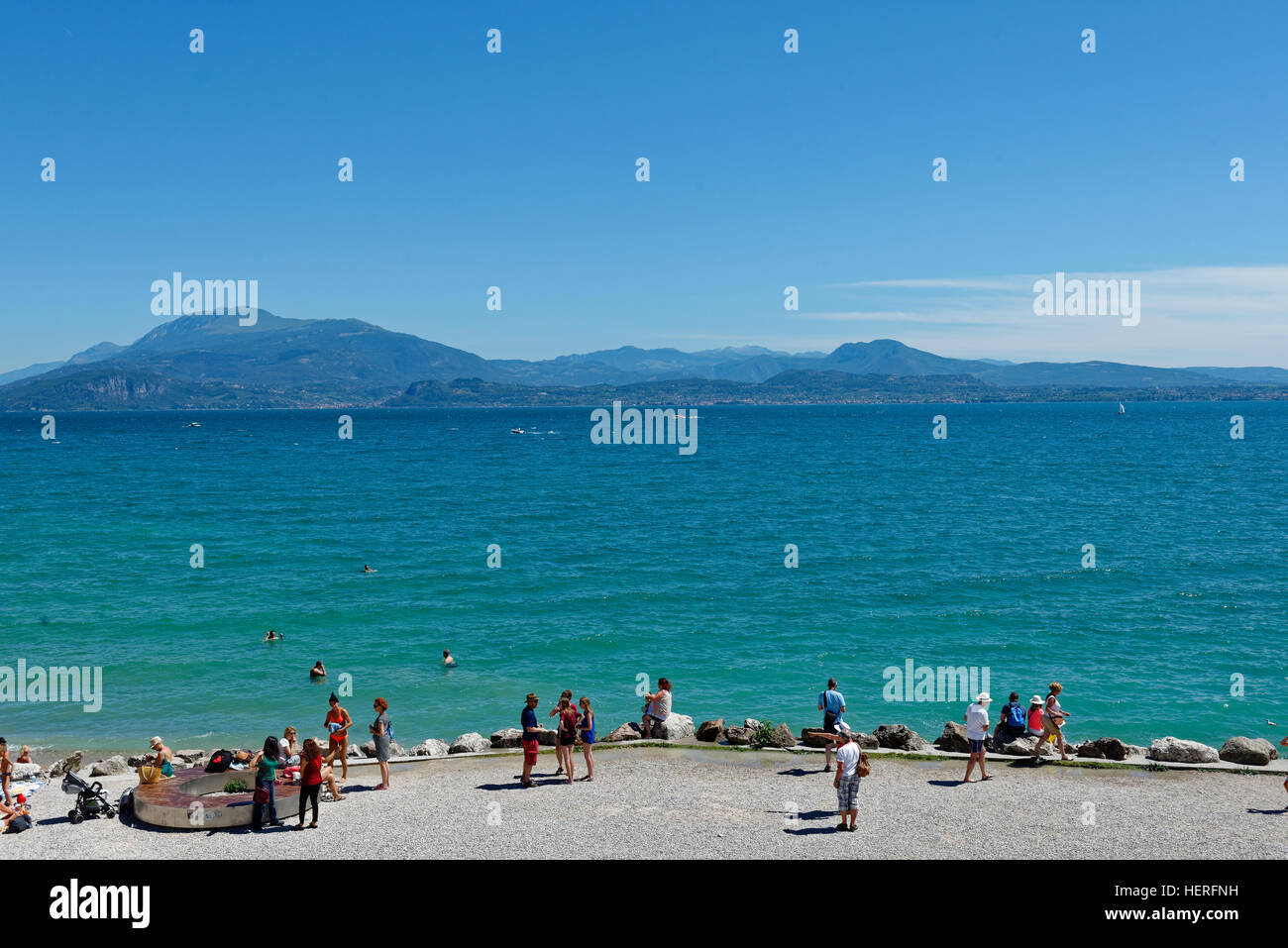 Beach, Sirmione, Lake Garda, Brescia Province, Lombardy, Italy Stock Photo