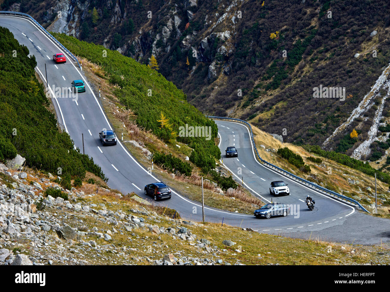 Cars On A Mountain Road In A Hairpin Curve Fluela Pass Davos