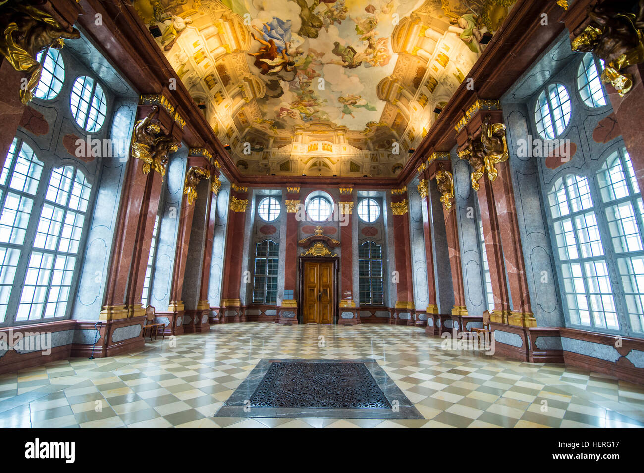 Marble hall with its painted ceiling, Melk Abbey, Melk, Wachau, Austria Stock Photo