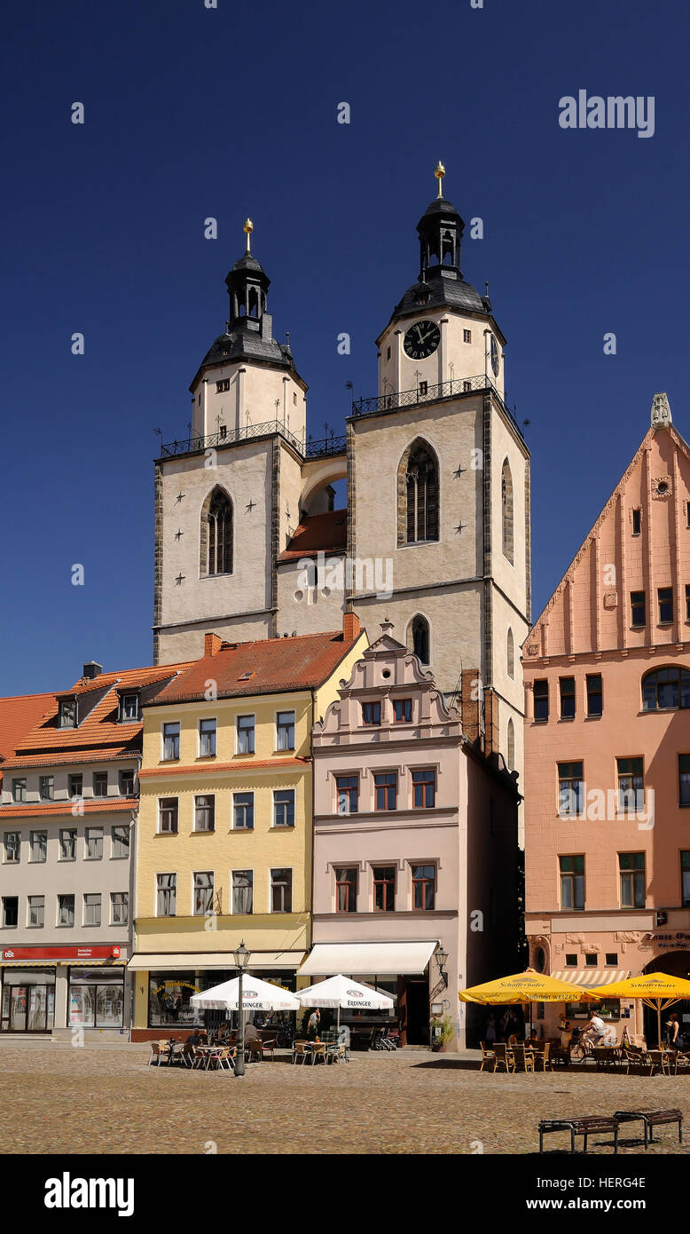 Houses on the market with Stadtkirche Sankt Marien, Wittenberg, SaxonyAnhalt, Germany Stock