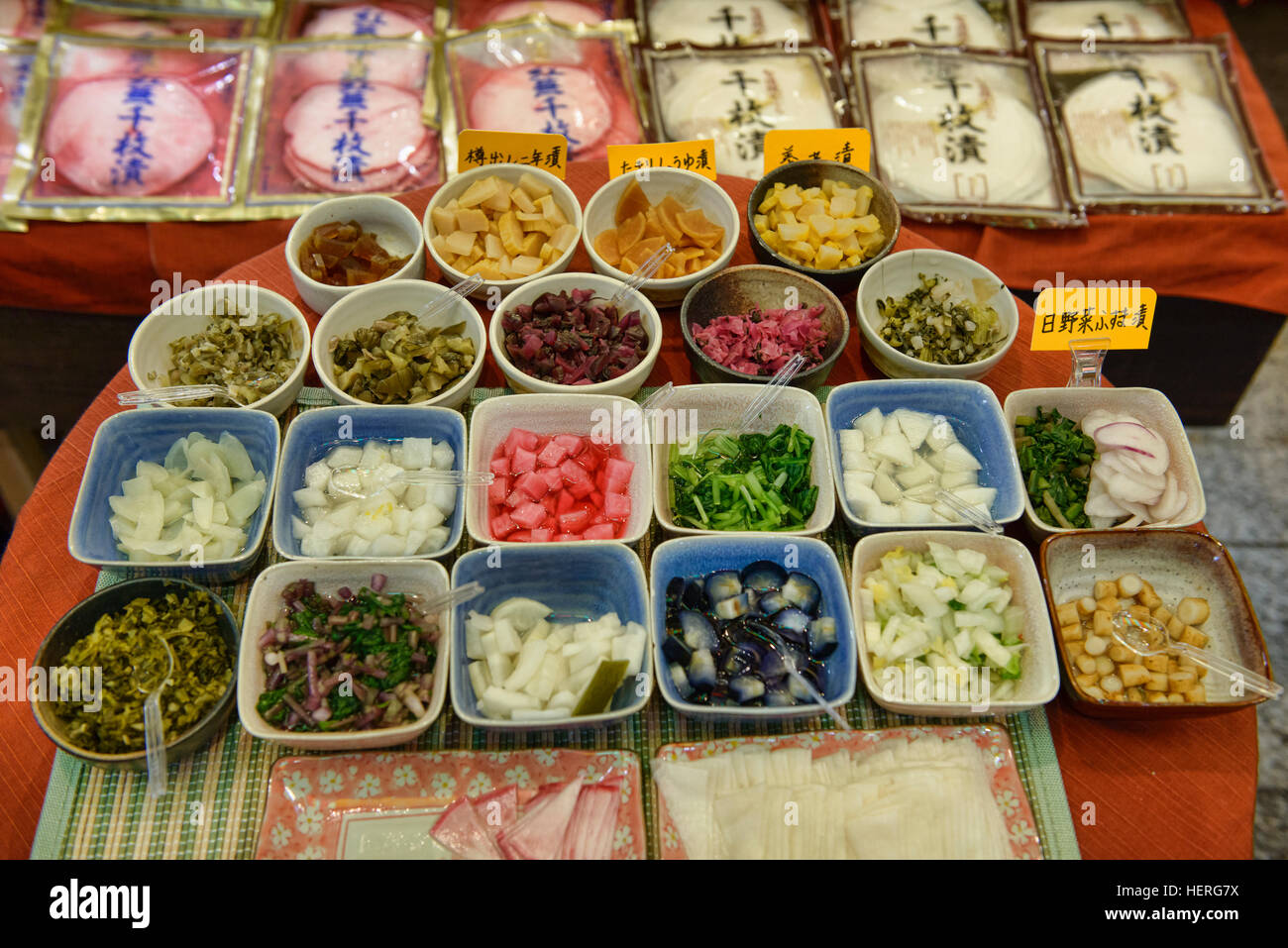 A variety of tsukemono Japanese pickles at the Nishiki Market in Kyoto