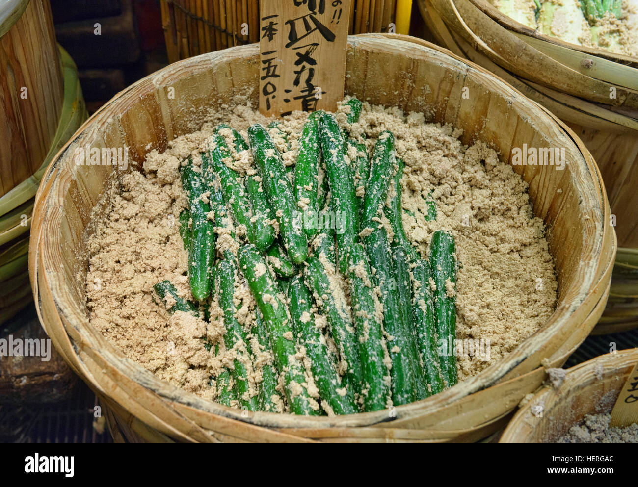 Tsukemono Japanese pickled cucumbers at the Nishiki Market in Kyoto