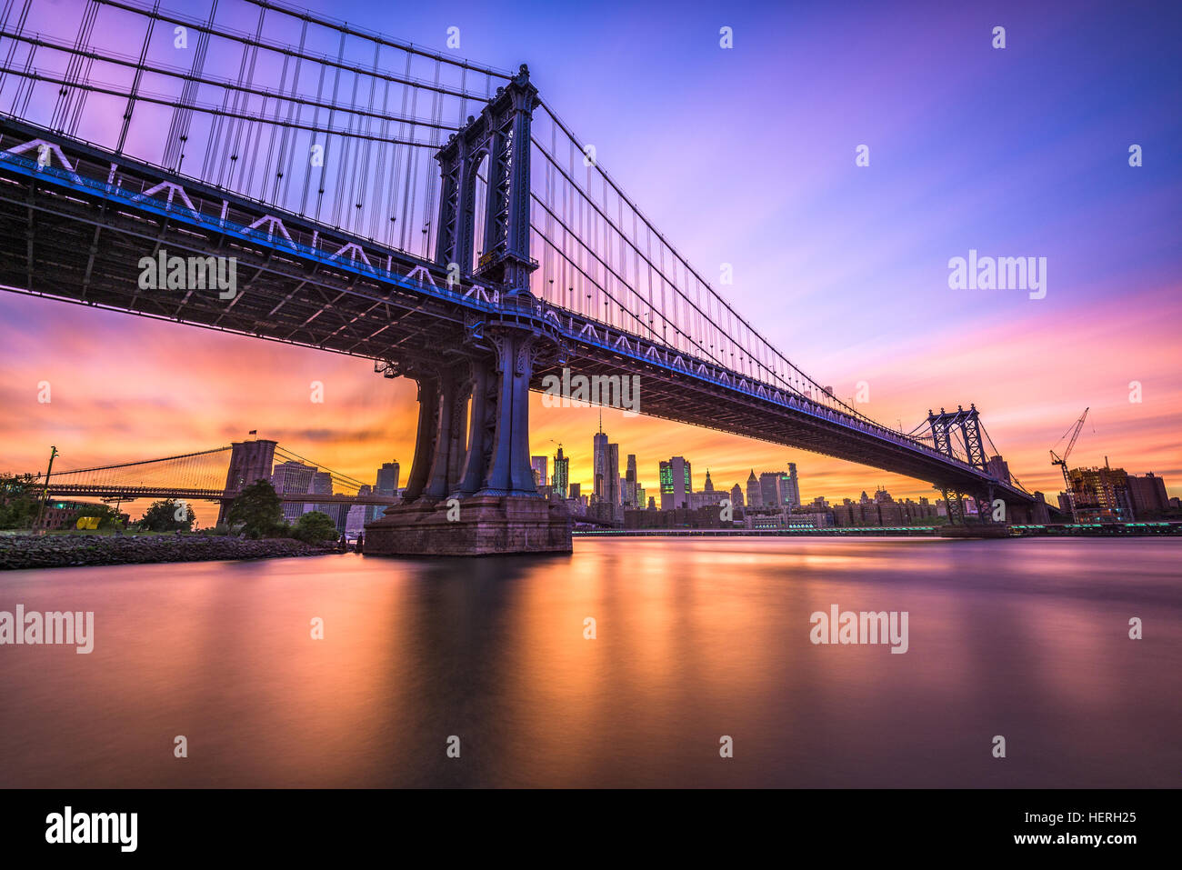 New York City, USA at the Manhattan Bridge spanning the East River from Brooklyn to Manhattan. Stock Photo