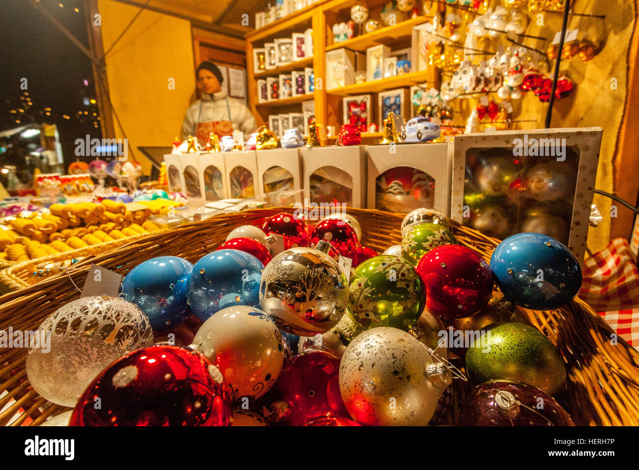 Christmas markets, souvenirs, Christmas balls,  Wenceslas Square, Prague, Czech Republic Stock Photo