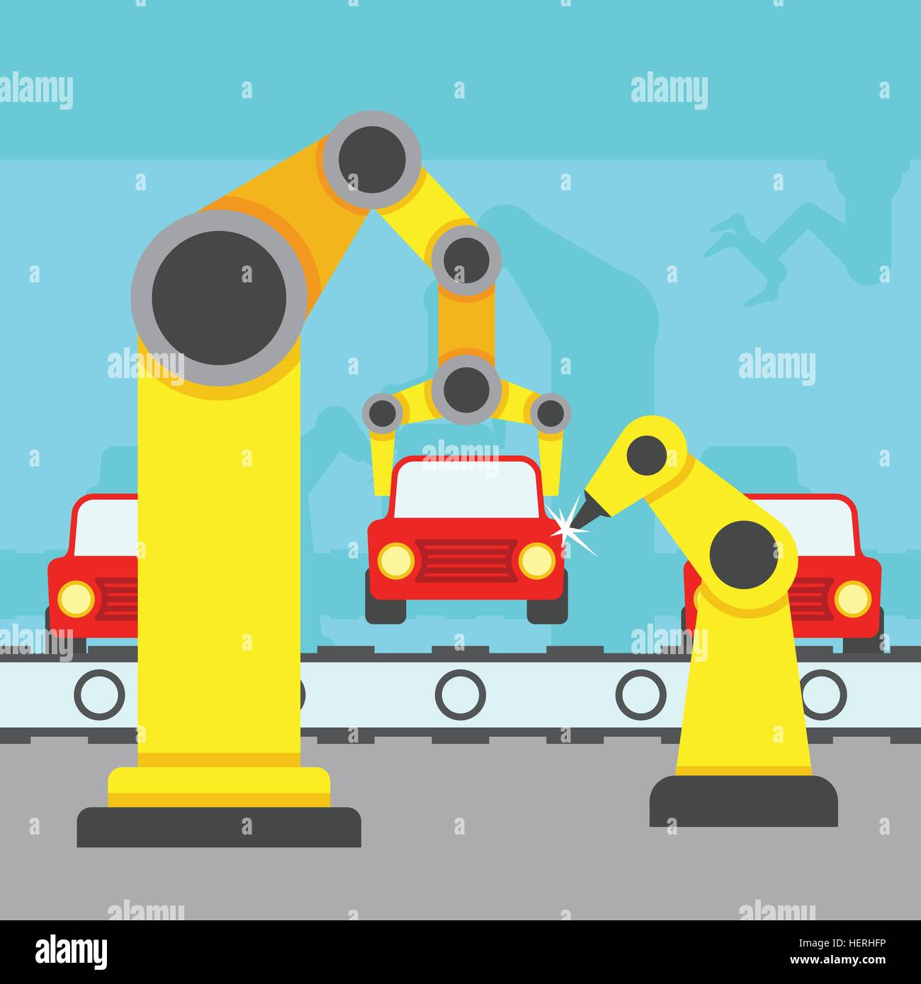 Robotic arm concept. Car factory conveyor line concept with robotic