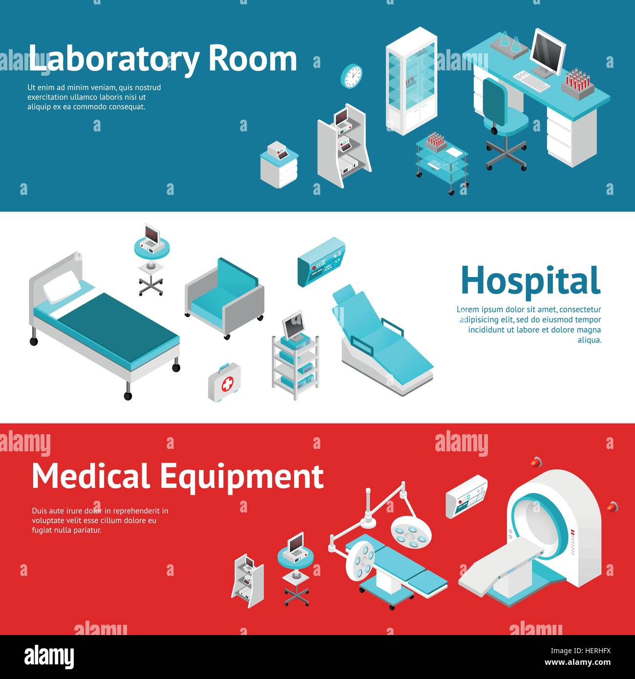 Hospital Medical Equipment Flat Banners Set . Hospital medical laboratory equipment 3 horizontal banners set with text and Stock Vector
