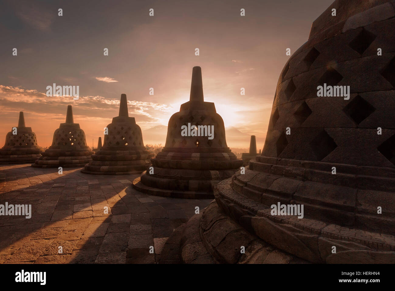 Sunrise over Borobudur temple, Magelang, Central Java, Indonesia Stock Photo