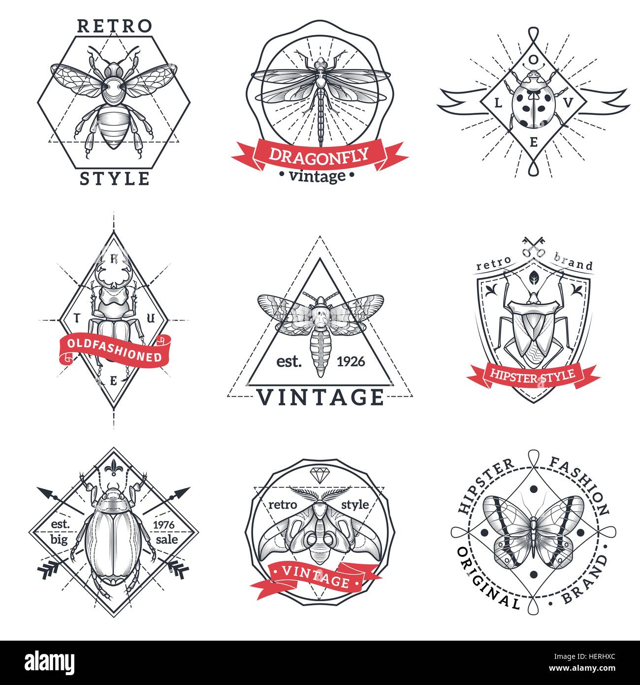 Insects Labels Set. Insects black red vintage and hipster labels set