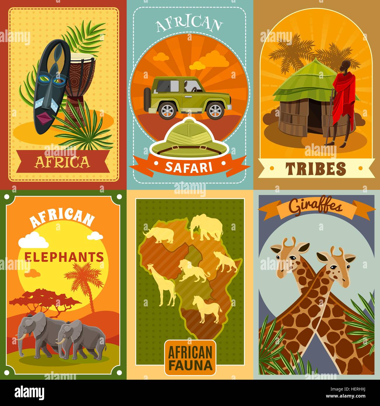 Safari Posters Set.  African safari cartoon posters set with tribes and fauna symbols isolated vector illustration Stock Vector