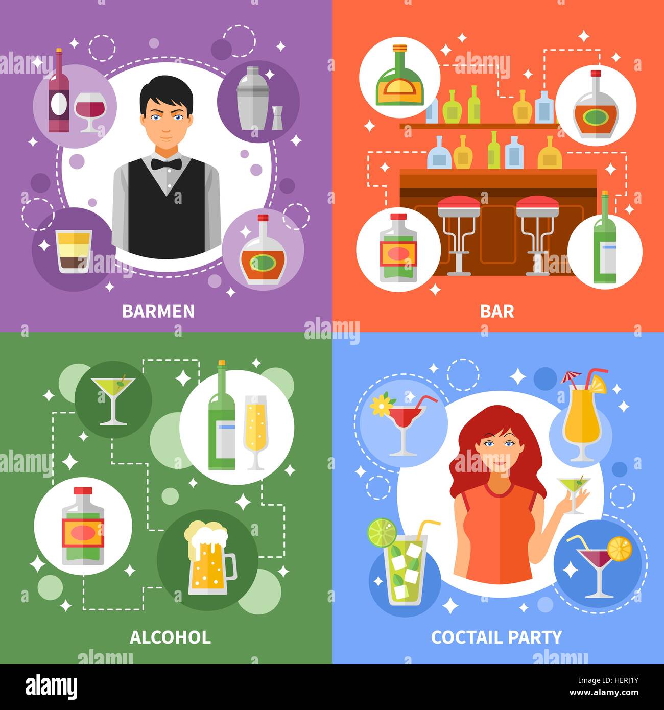 Bar Concept 4 Flat Icons Square . Bar concept 4 flat icons square