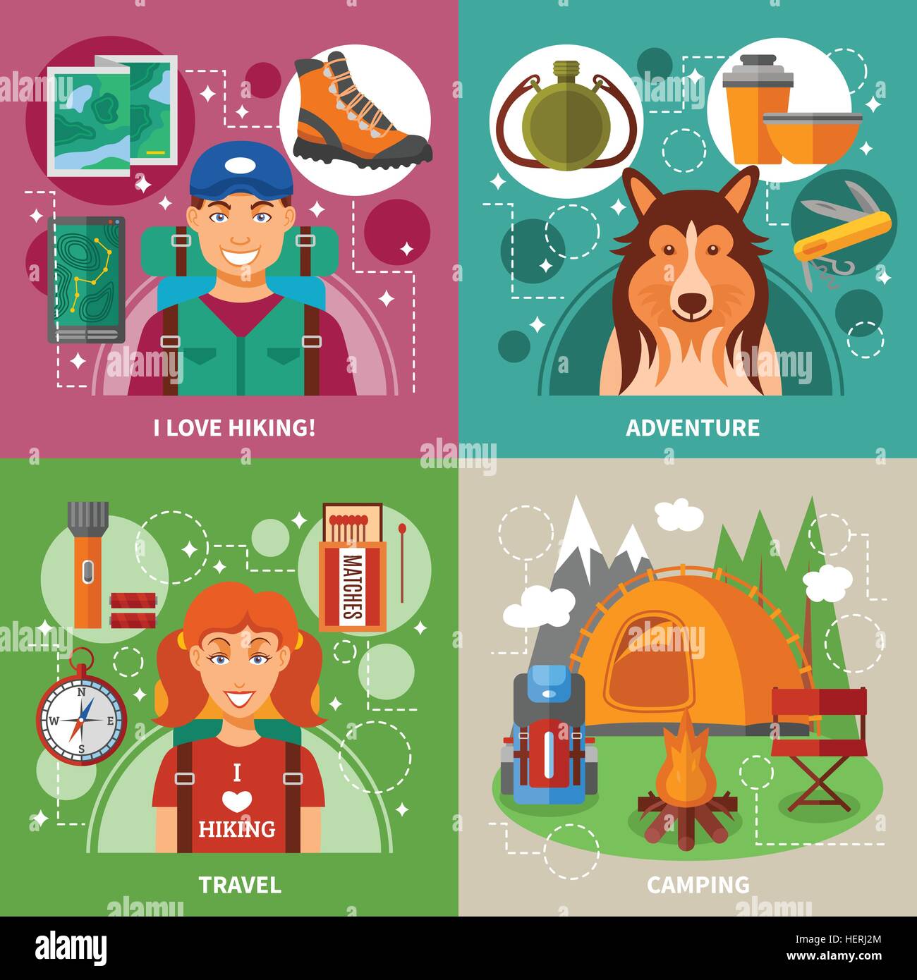 Hiking 2x2 Design Concept . Hiking 2x2 flat design concept with ...