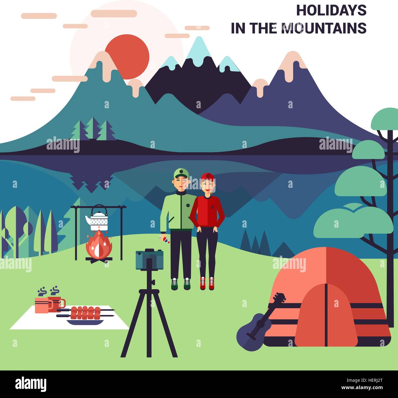 Camping In Mountains Vector Illustration. Camping in mountains flat ...