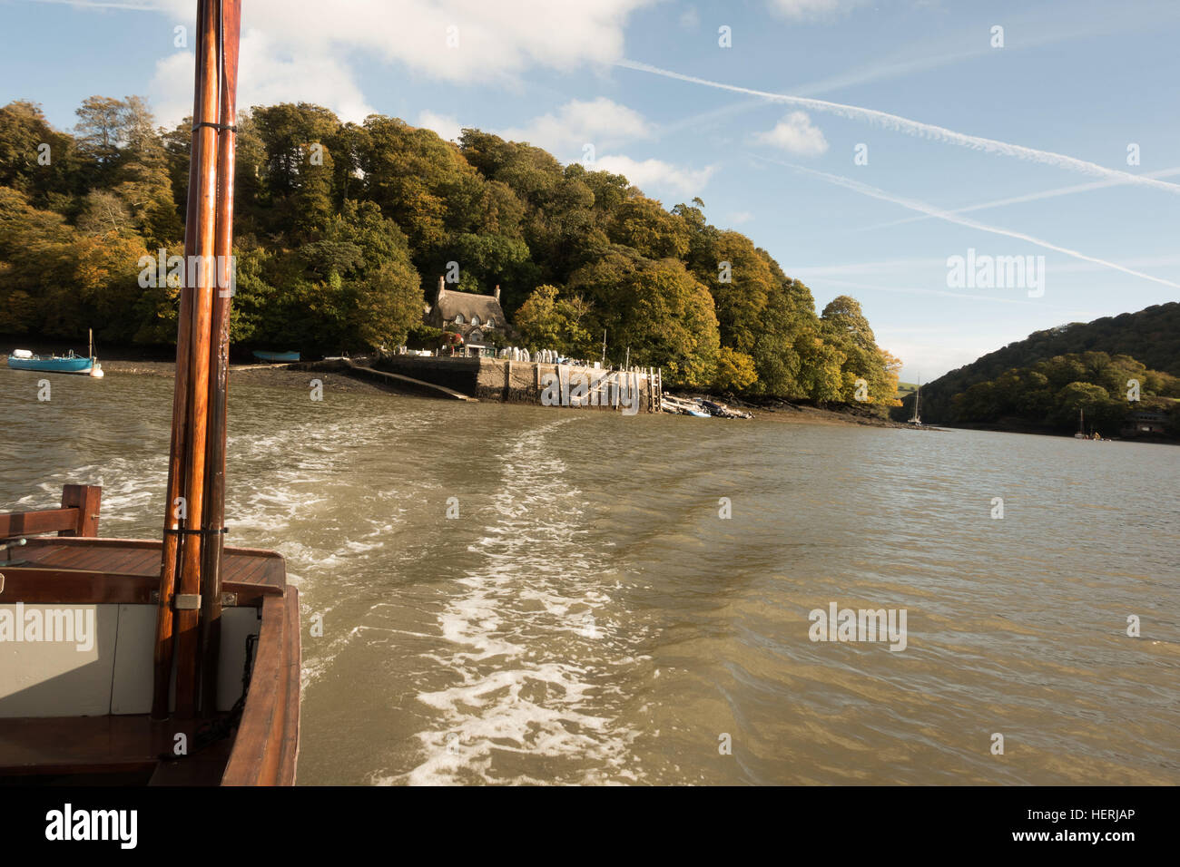 The Greenway to Dittisham ferry on the river Dart, with the Greenway jetty in the background, South Devon Stock Photo