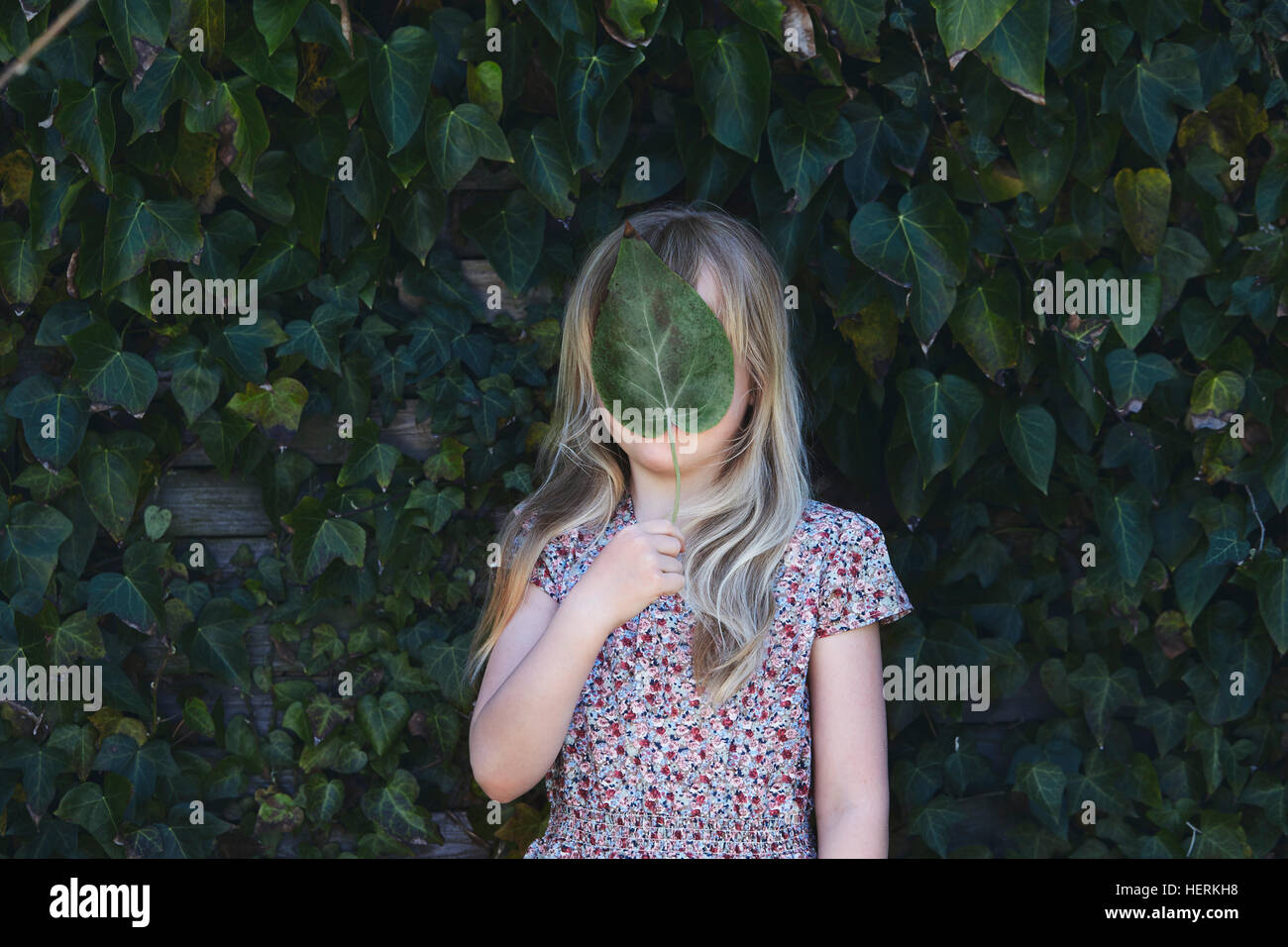 Girl holding a leaf in front of her face Stock Photo - Alamy