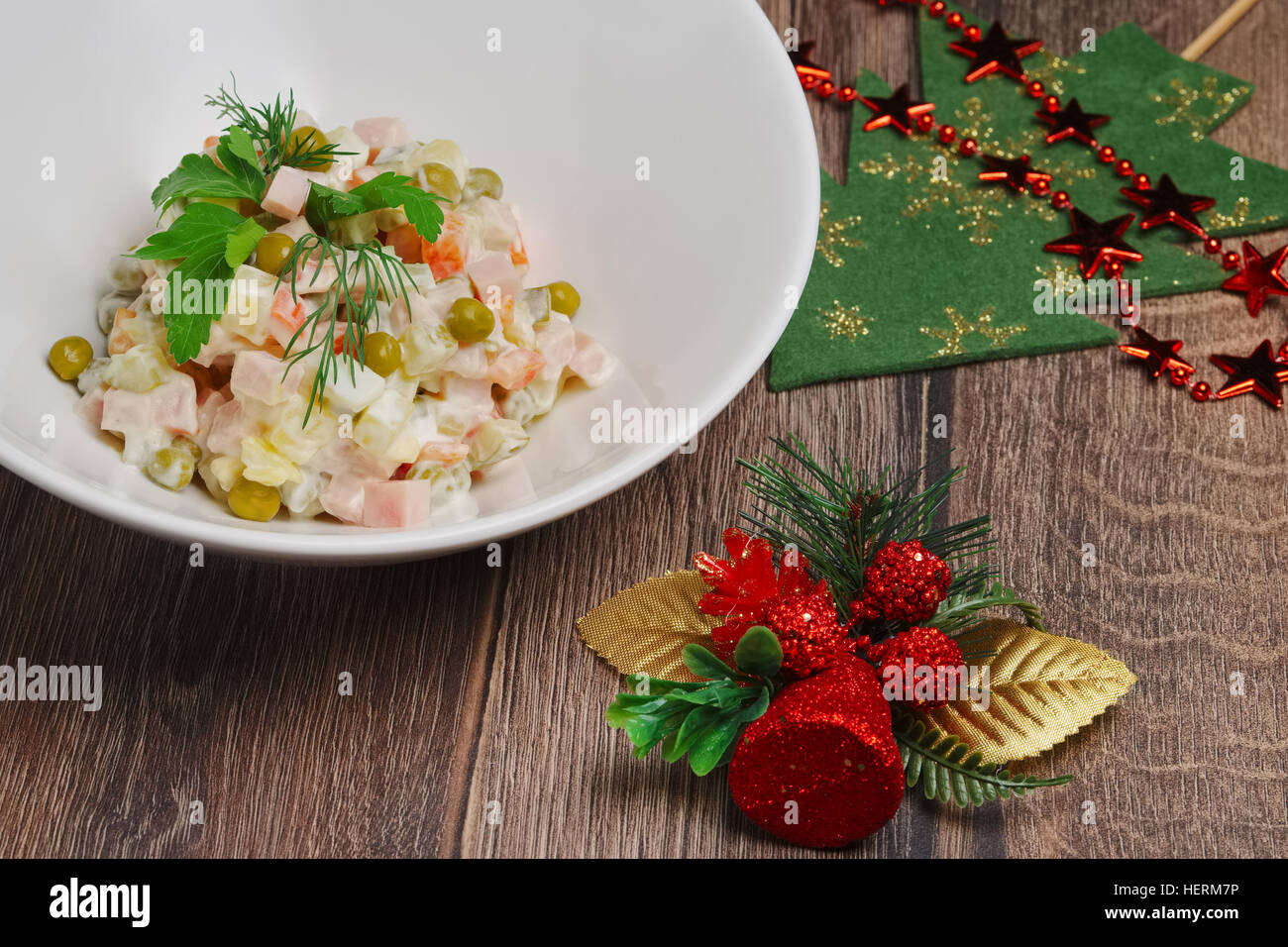 Russian Traditional Salad Olivier With Pea On Wooden Table Near