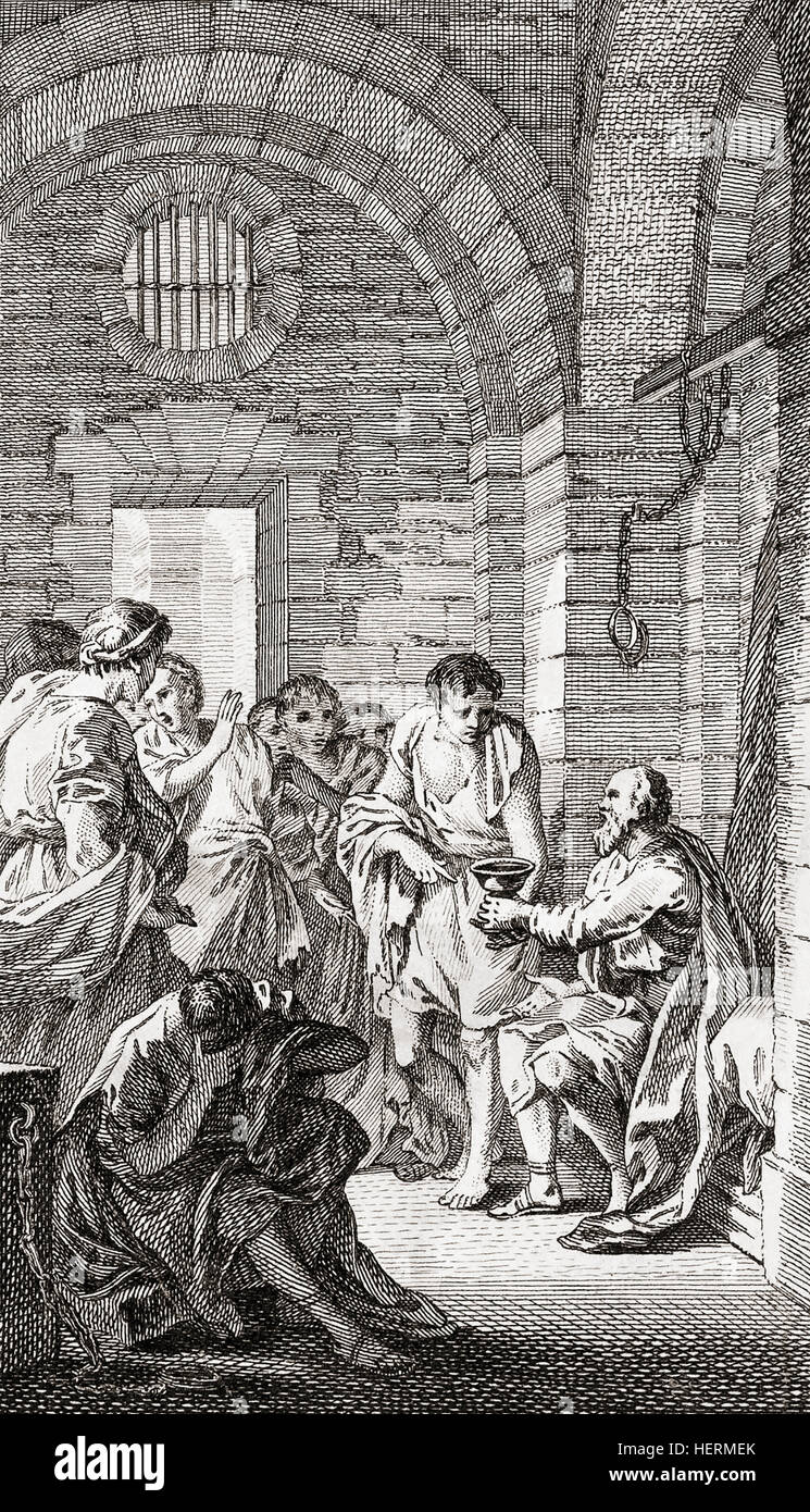 Death of Socrates, from a 1749 print. Socrates, 470/469 – 399 BC.  Classical Greek (Athenian) philosopher. Stock Photo