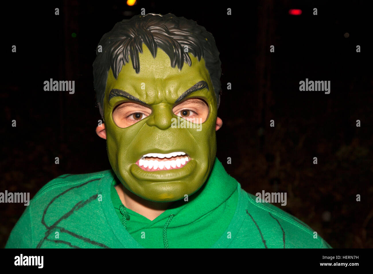 The Incredible Hulk a Marvel Comics character by Stan Lee out trick or treating on Halloween. St Paul Minnesota MN USA Stock Photo