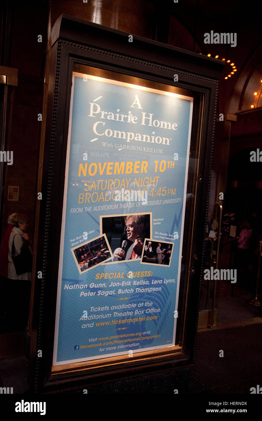 Lobby billing poster for Prairie Home Companion show starring Garrison Keillor at Auditorium Theatre. Chicago Illinois IL USA Stock Photo