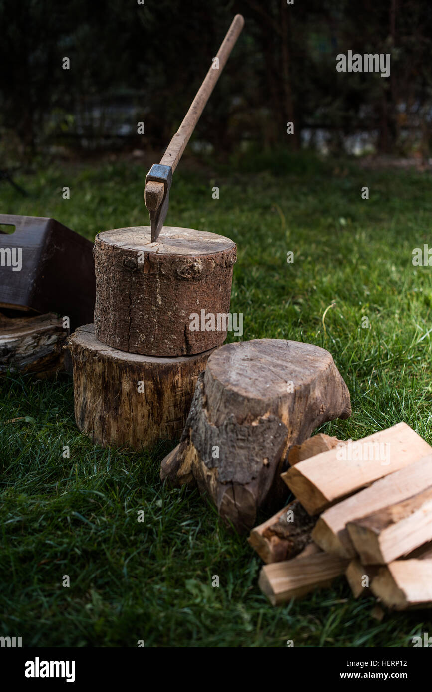Axe in a log Stock Photo
