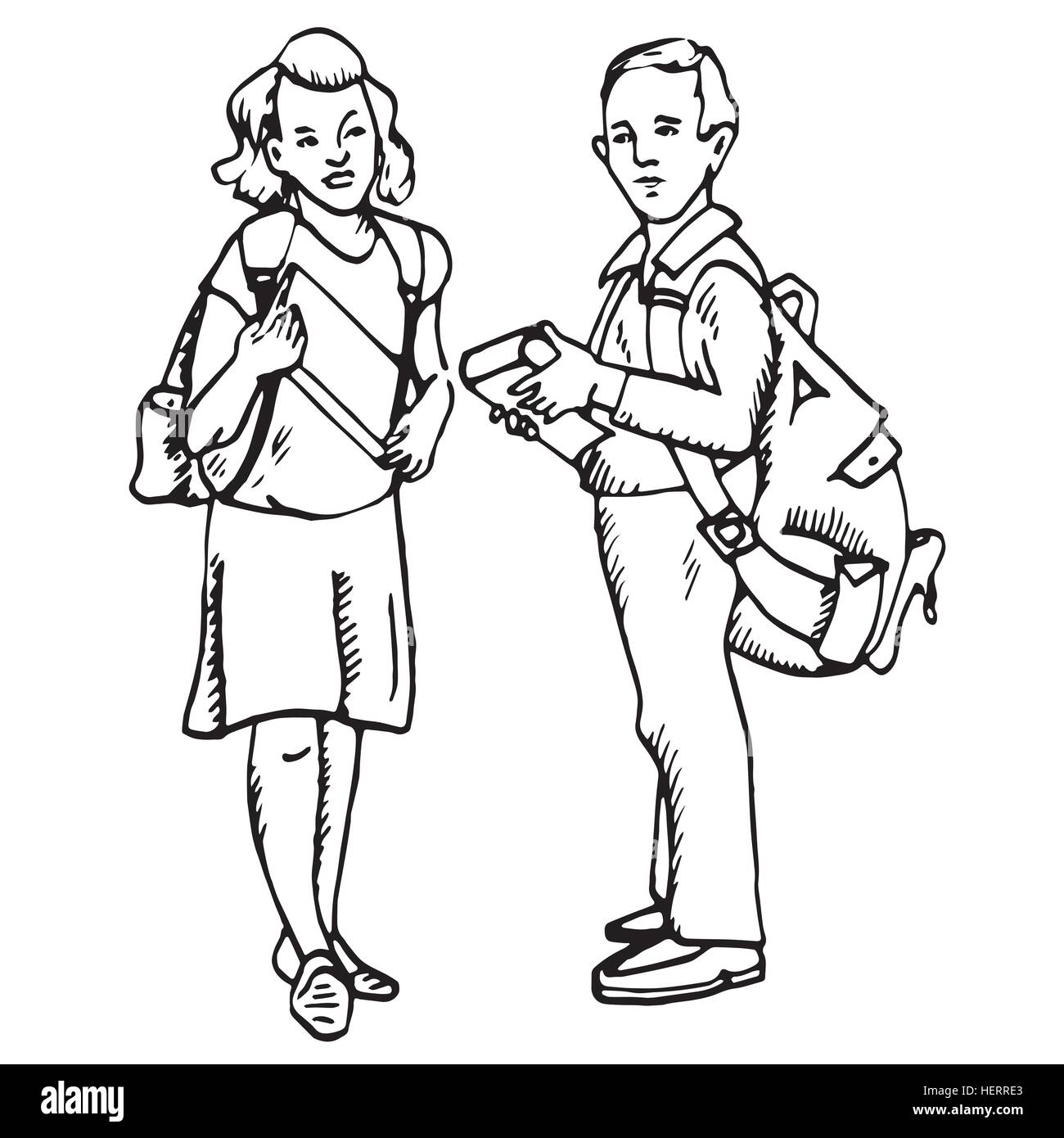 School Kids Boy And Girl Hand Drawn Doodle Sketch In Pop Art Style Vector Stock Vector Image Art Alamy