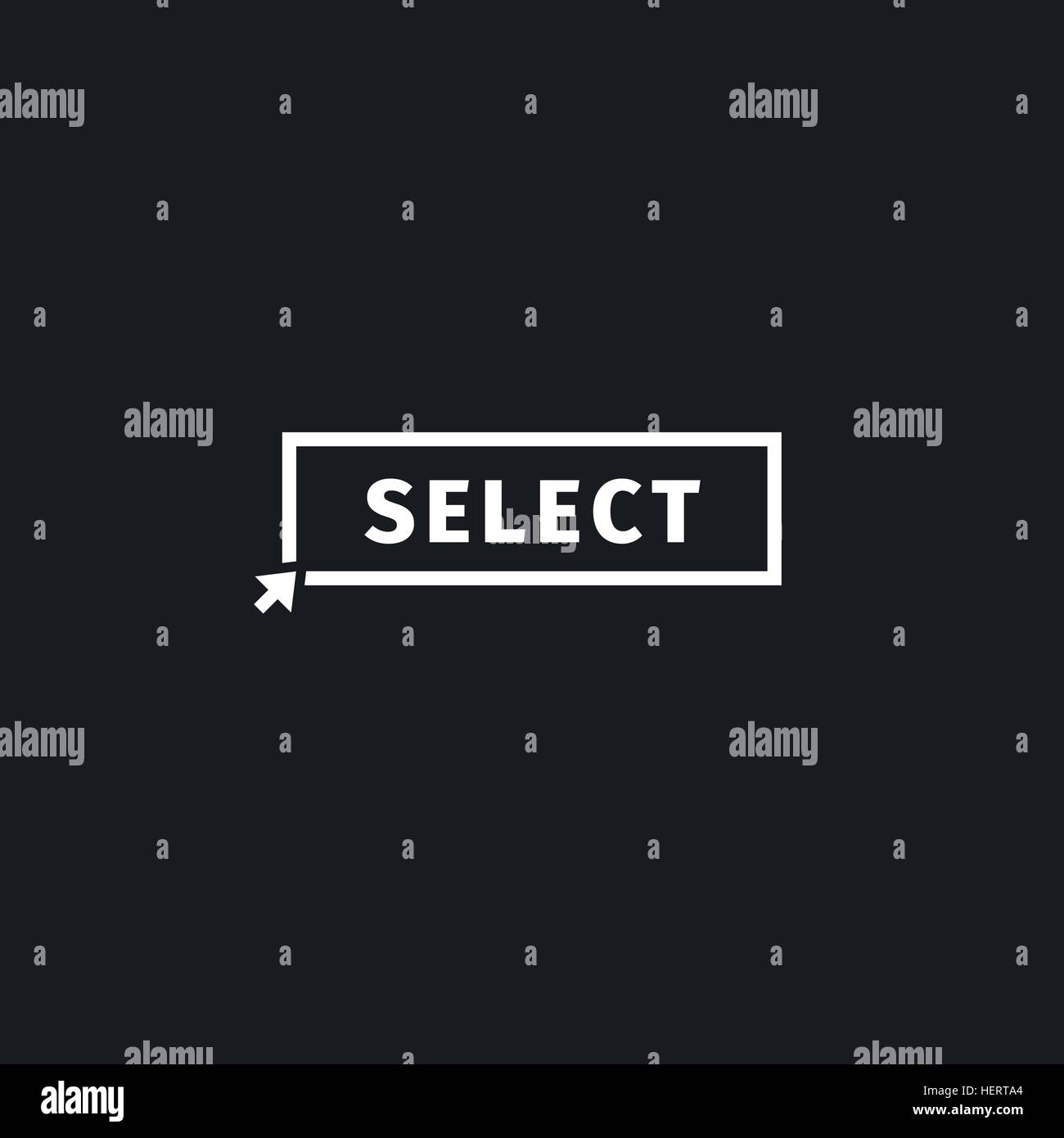 Isolated white word select in frame on black background logo. Website element with cursor logotype. Choice button icon. Unusual stamp vector illustration. Stock Vector