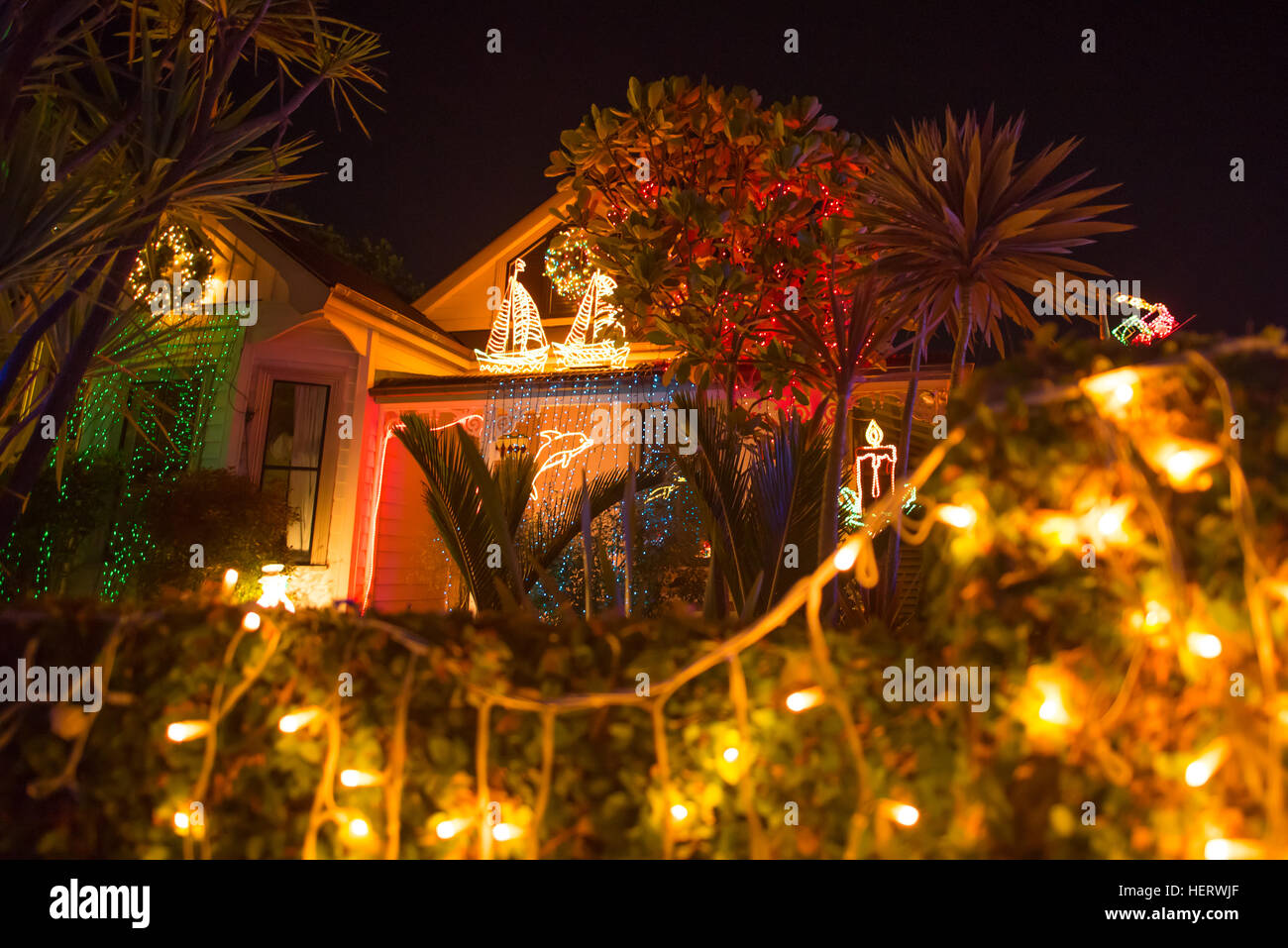 Beautiful outdoor Christmas lights on Franklin Road, Auckland Stock