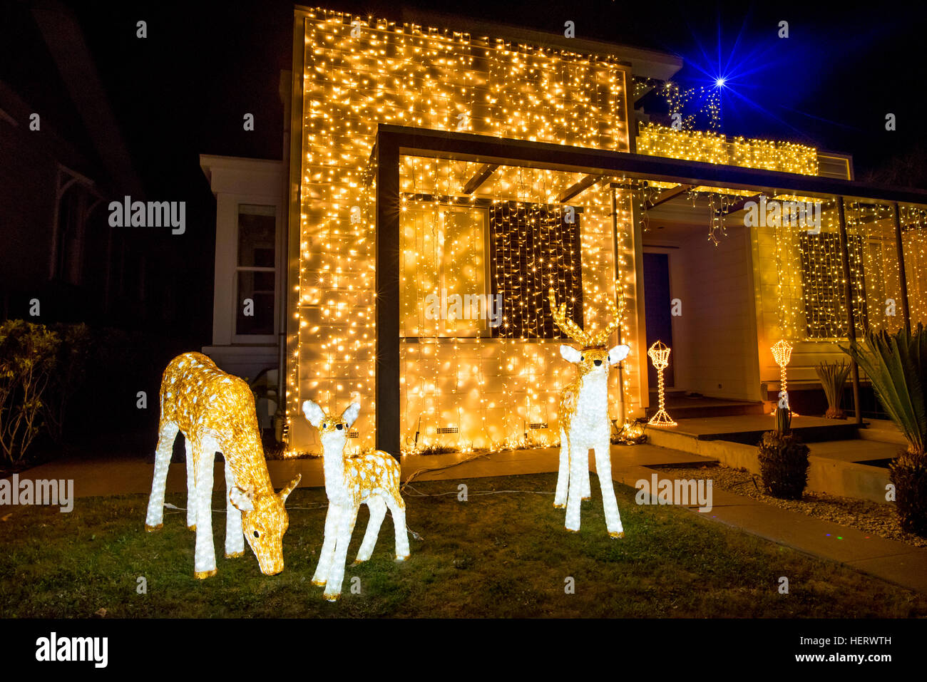 Beautiful outdoor Christmas lights every year decorating houses on