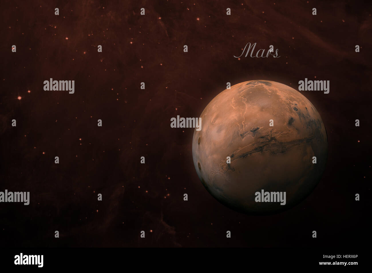 Planet Mars. Nebula on the background. Stock Photo