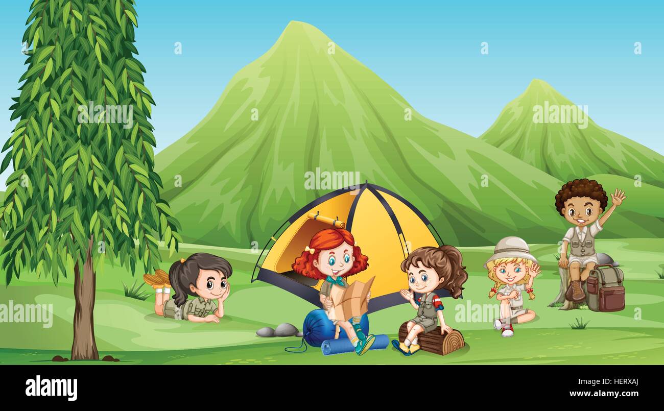 Children camping out in the woods illustration Stock Vector Image & Art ...