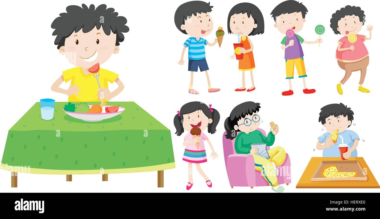 Children eating healthy and unhealthy food illustration Stock Vector