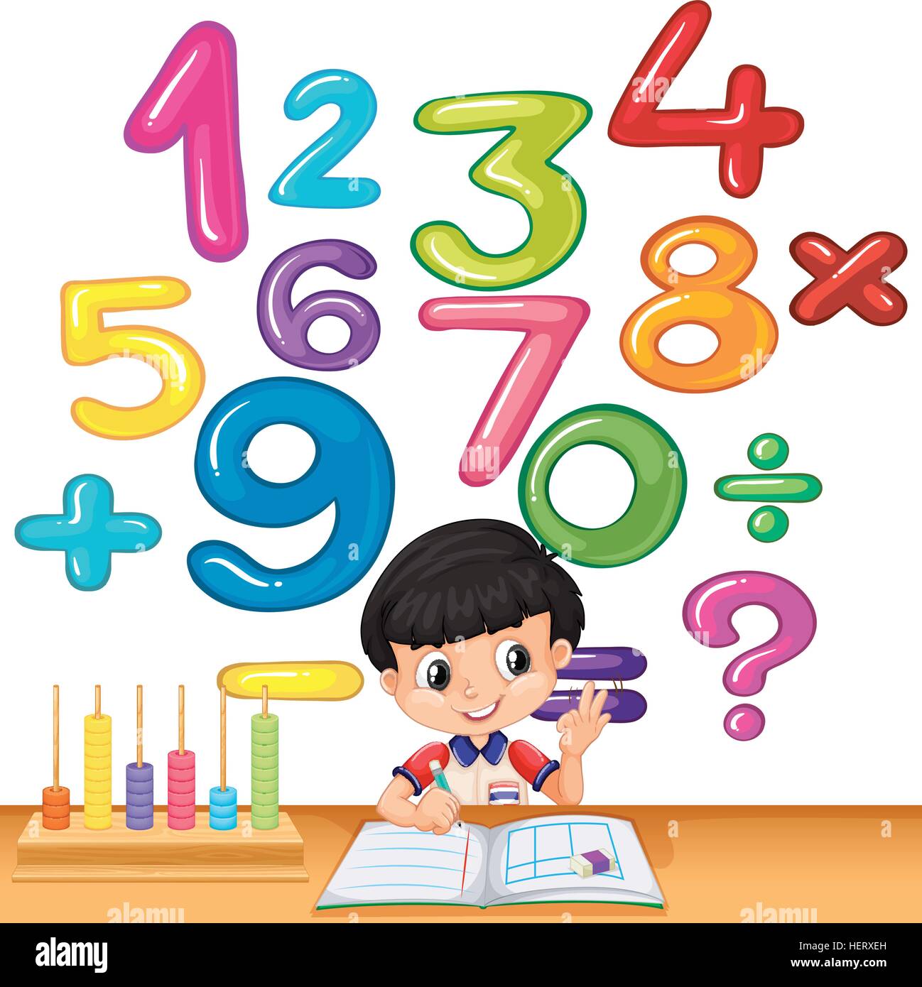 Boy counting numbers on the desk illustration Stock Vector