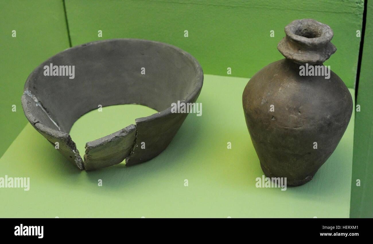 Funnel beaker culture vessels (Rozental, Odry and Gniszewo). Archeological Museum of Gdansk. Poland. Stock Photo