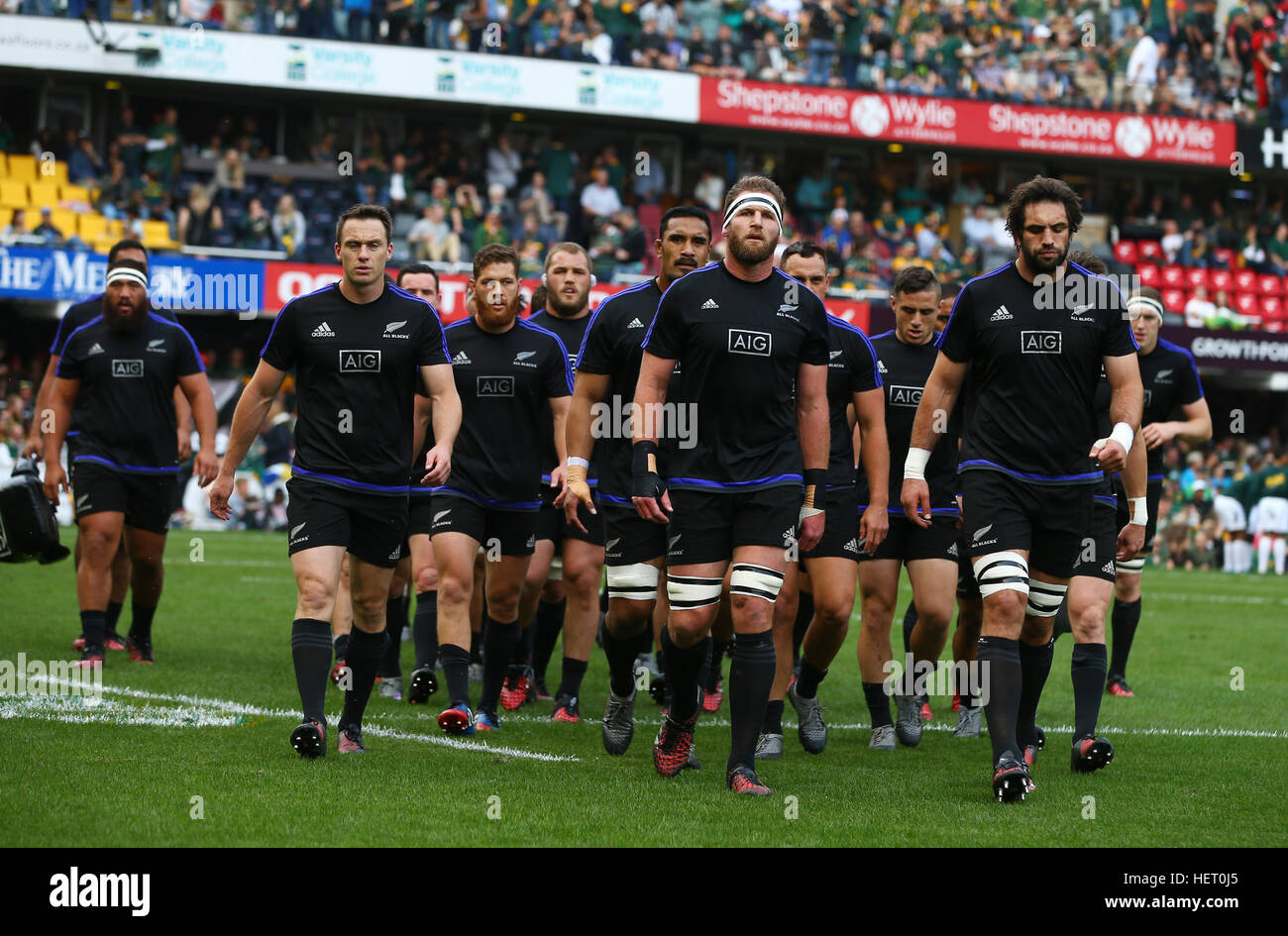 DURBAN, SOUTH AFRICA - OCTOBER 08:  Kieran Read (captain) of New Zealand leads the team off during the The Rugby Championship match between South Afri Stock Photo