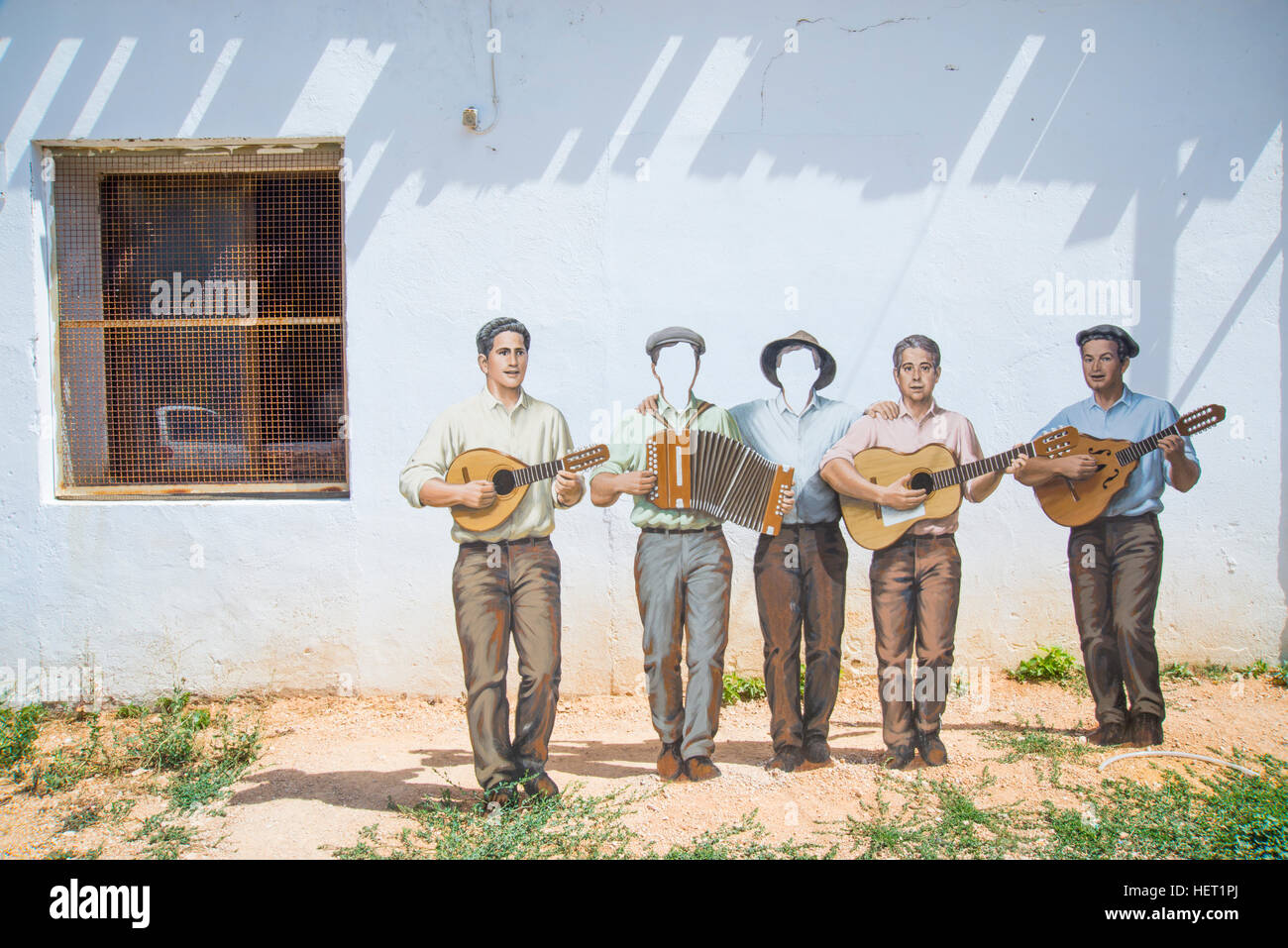 Painted sculpture of five musicians. Cañete, Cuenca province, Castilla La Mancha, Spain. Stock Photo