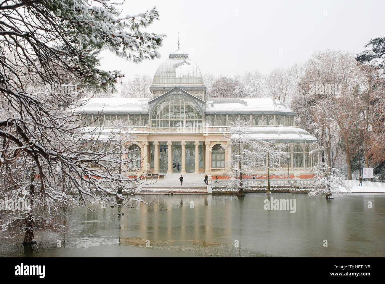Snow covered Cristal Palace. The Retiro park, Madrid, Spain. Stock Photo
