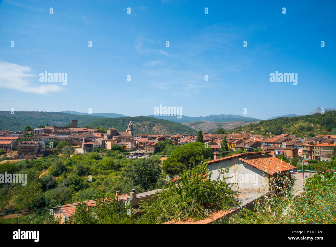 Overview of the village and landscape of Sierra de Francia. San Martin del Castañar, Salamanca province, Castilla Leon, Spain. Stock Photo