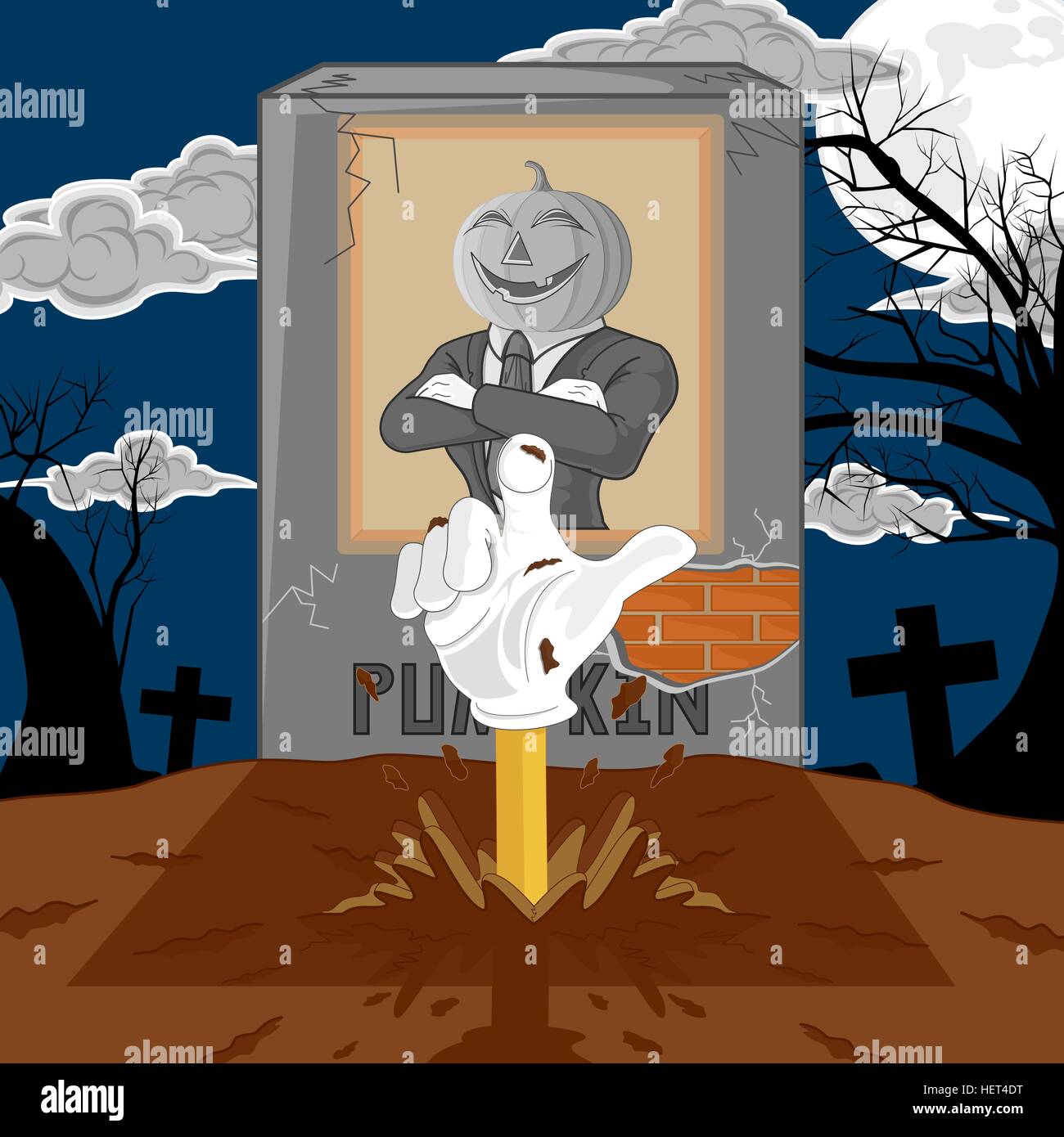 background halloween cartoon resurrect pumpkin. hand emerging from the graveyard. for celebration of halloween. vector illustration. Stock Vector