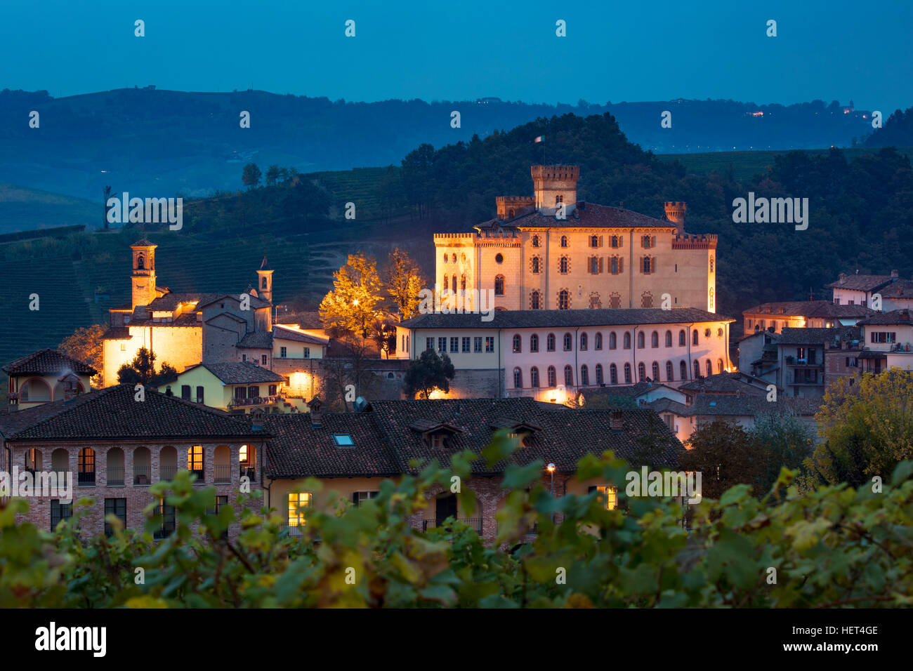 Twilight view of town of Barolo from inside a vineyard, Barolo, Piemonte, Italy Stock Photo