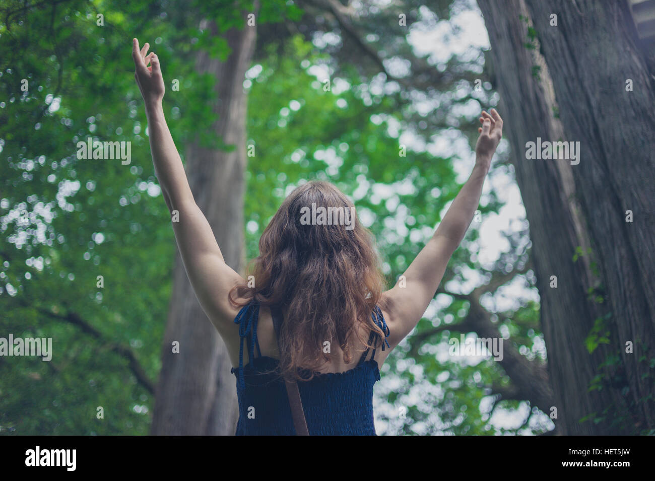 A young woman is joyfully raising her arms in the forest Stock Photo ...