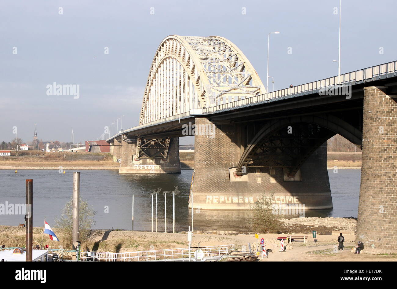 Waalbrug (1936), 600m long arch bridge over the Waal River in Nijmegen, Gelderland, Netherlands. Stock Photo